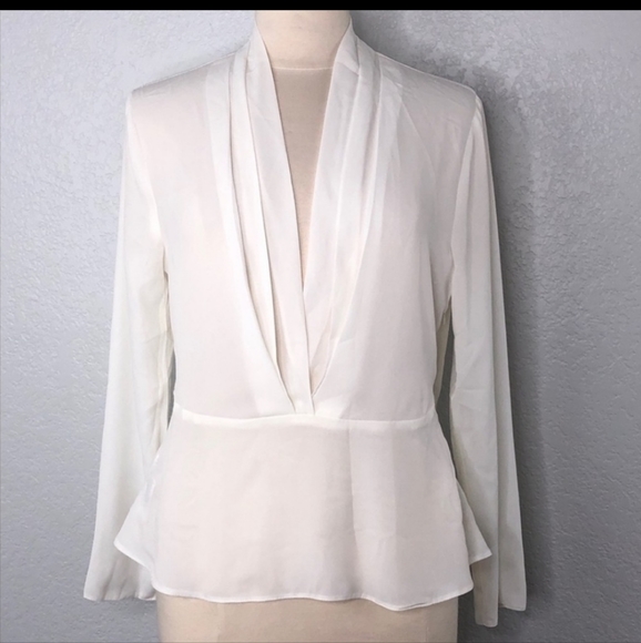 ASOS Off White Longsleeve Deep V Peplum Top 8 - Picture 1 of 4